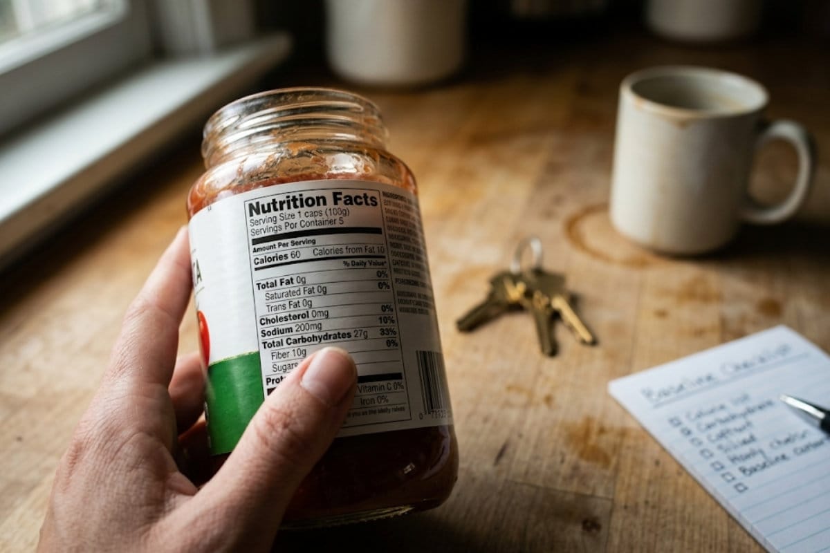 Woman performing a calm home pantry audit, checking labels on packaged goods