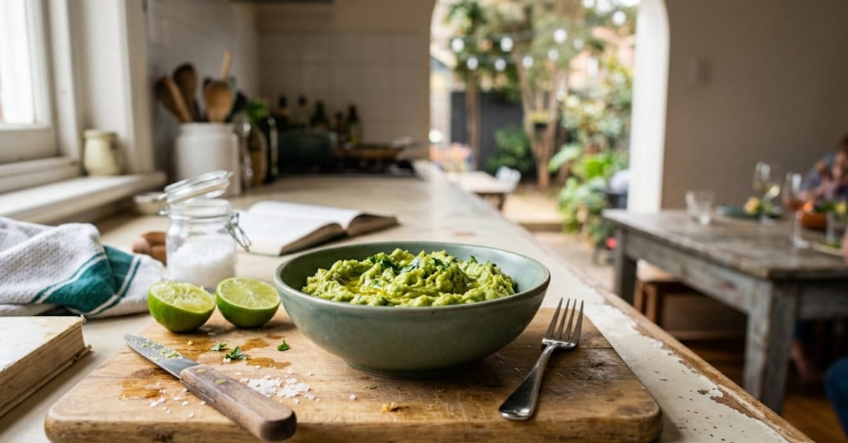 A slightly mismatched ceramic bowl overflowing with chunky, rustic dip, sitting on a slightly stained wooden cutting board with a rim of scattered salt crystals and lime halves nearby.