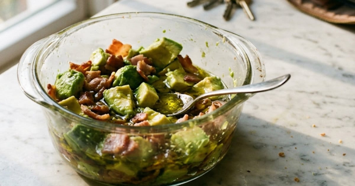 A hand quickly tossing sliced avocado, pre-cooked bacon pieces, and olive oil into an unpolished glass container right next to an open purse and car keys on the counter.