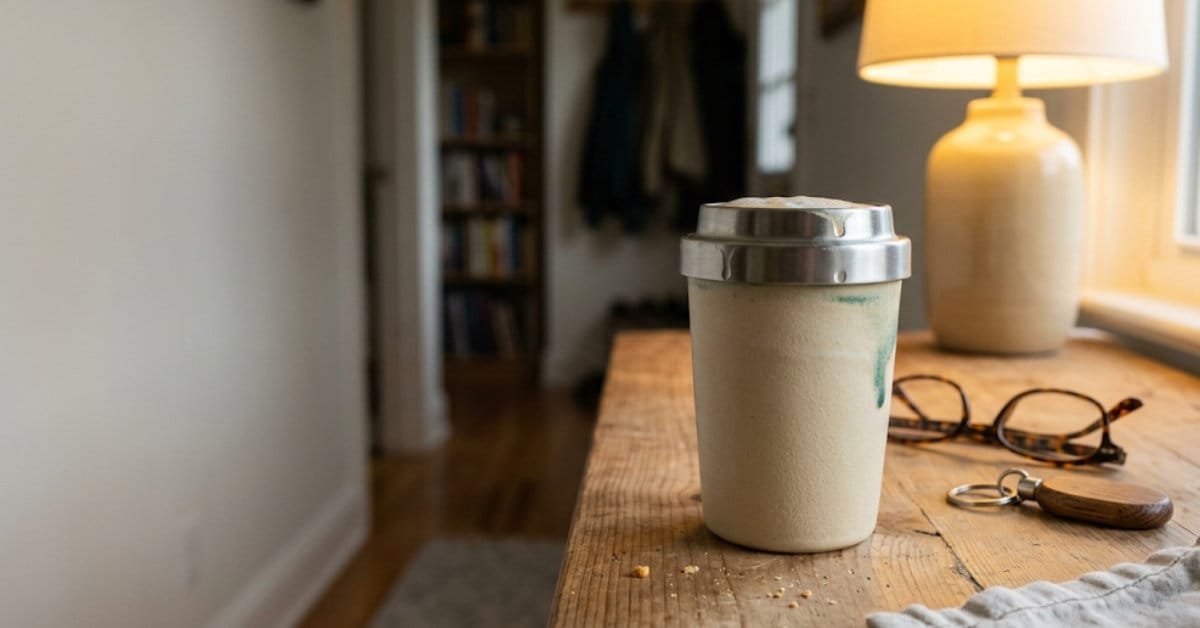 A textured, matte ceramic travel mug with a faint condensation drip on the lid, resting on a wooden console table next to a stray pair of reading glasses.