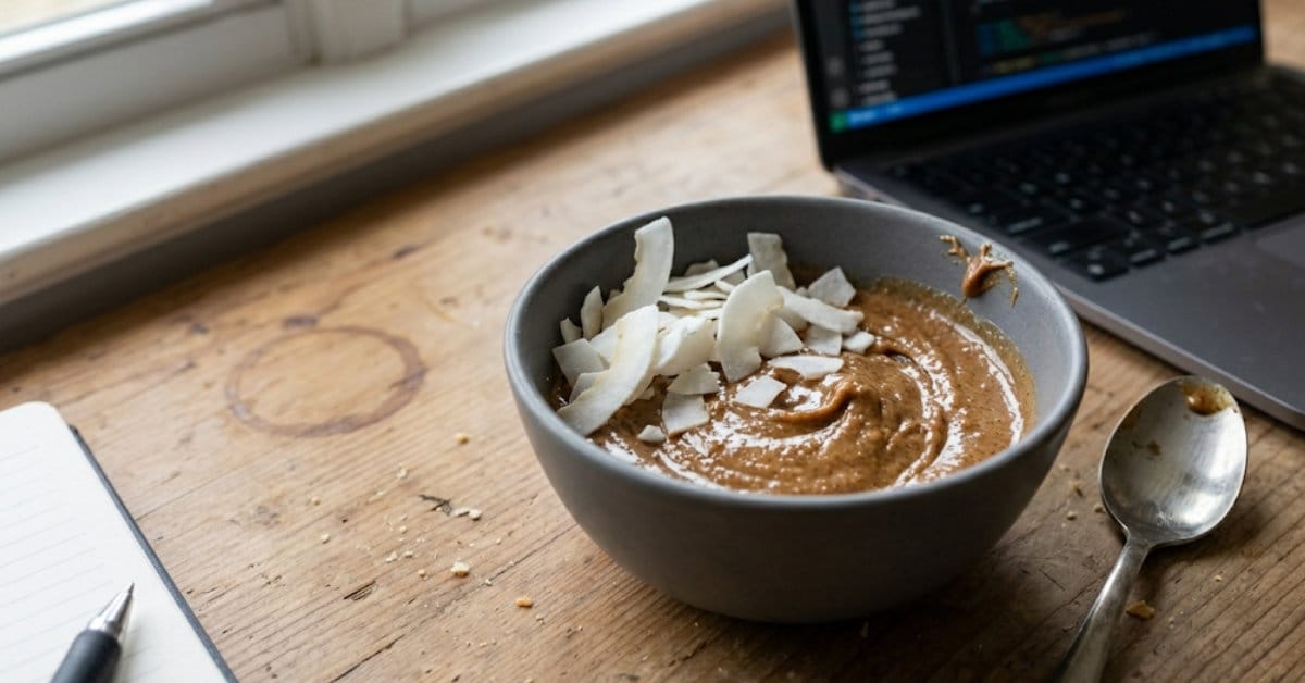 A close-up of an unpolished glass dessert dish with a slightly uneven layer of almond butter and coconut flakes, sitting on a cluttered desk next to a blurred computer screen.