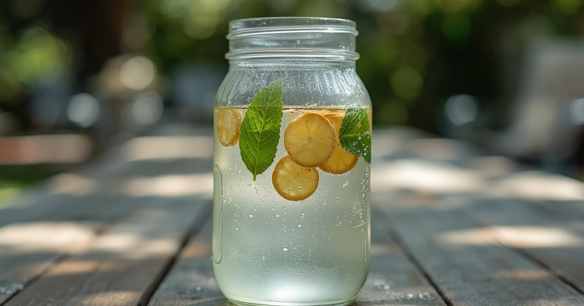A condensation-beaded glass jar with floating mint leaves and rough-cut ginger coins, resting on an unpolished outdoor wooden table with a blurred background of patio chairs.