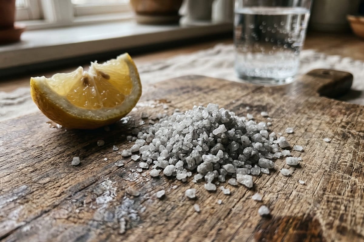 Coarse grey sea salt crystals on worn wood with lemon wedge for keto electrolyte basics