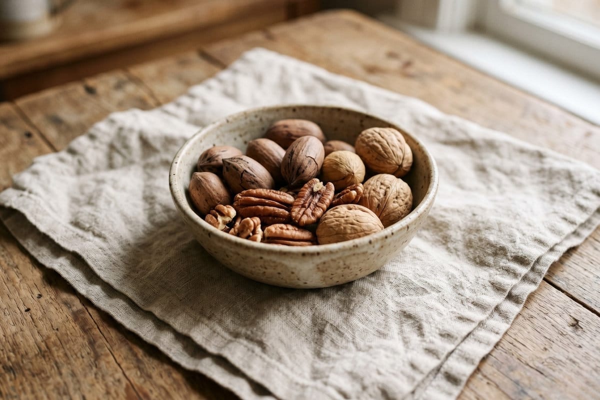 Raw pecans and walnuts in unpolished stoneware bowl for keto satiety cues
