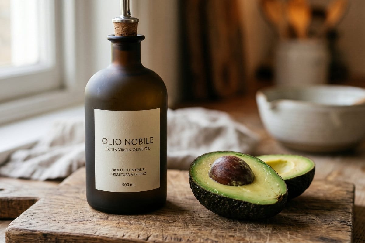 Extra virgin olive oil bottle beside halved avocado on rustic cutting board for keto fats guide