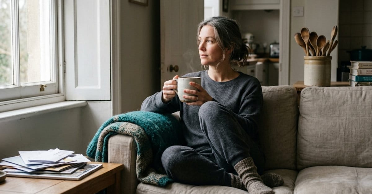 A calm, minimalist kitchen counter with a notebook, a ceramic mug, and soft morning light — representing the quiet start of a sustainable low-carb rhythm.