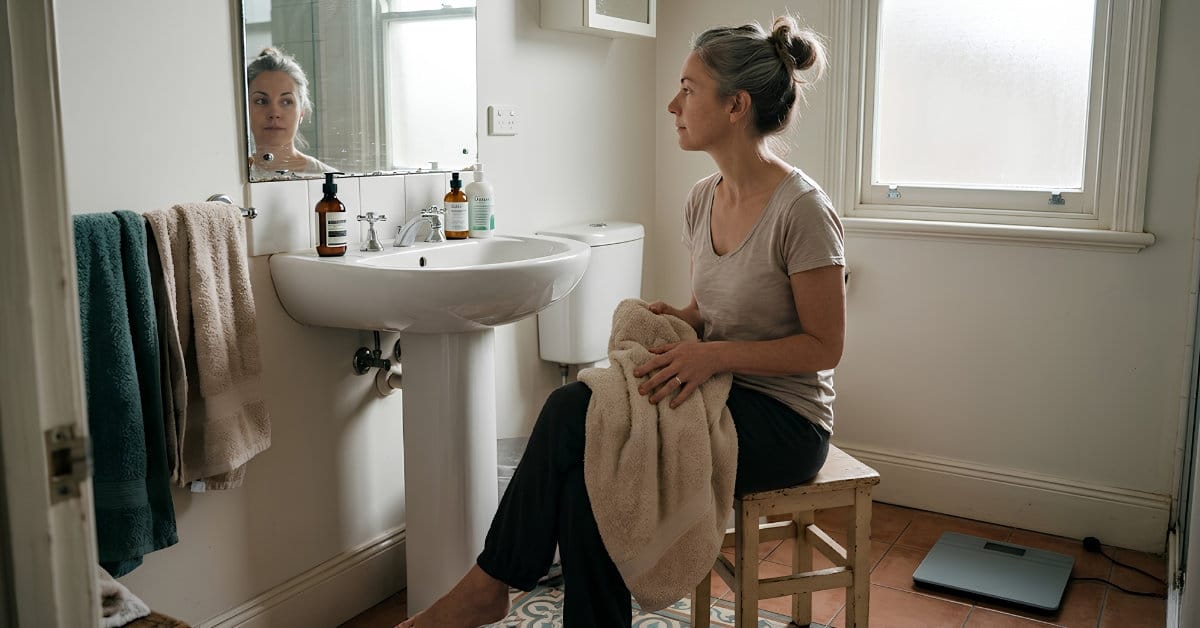 A quiet bathroom moment with soft natural light and a simple scale on the floor, representing patient observation rather than daily judgment in a low-carb weight management journey.