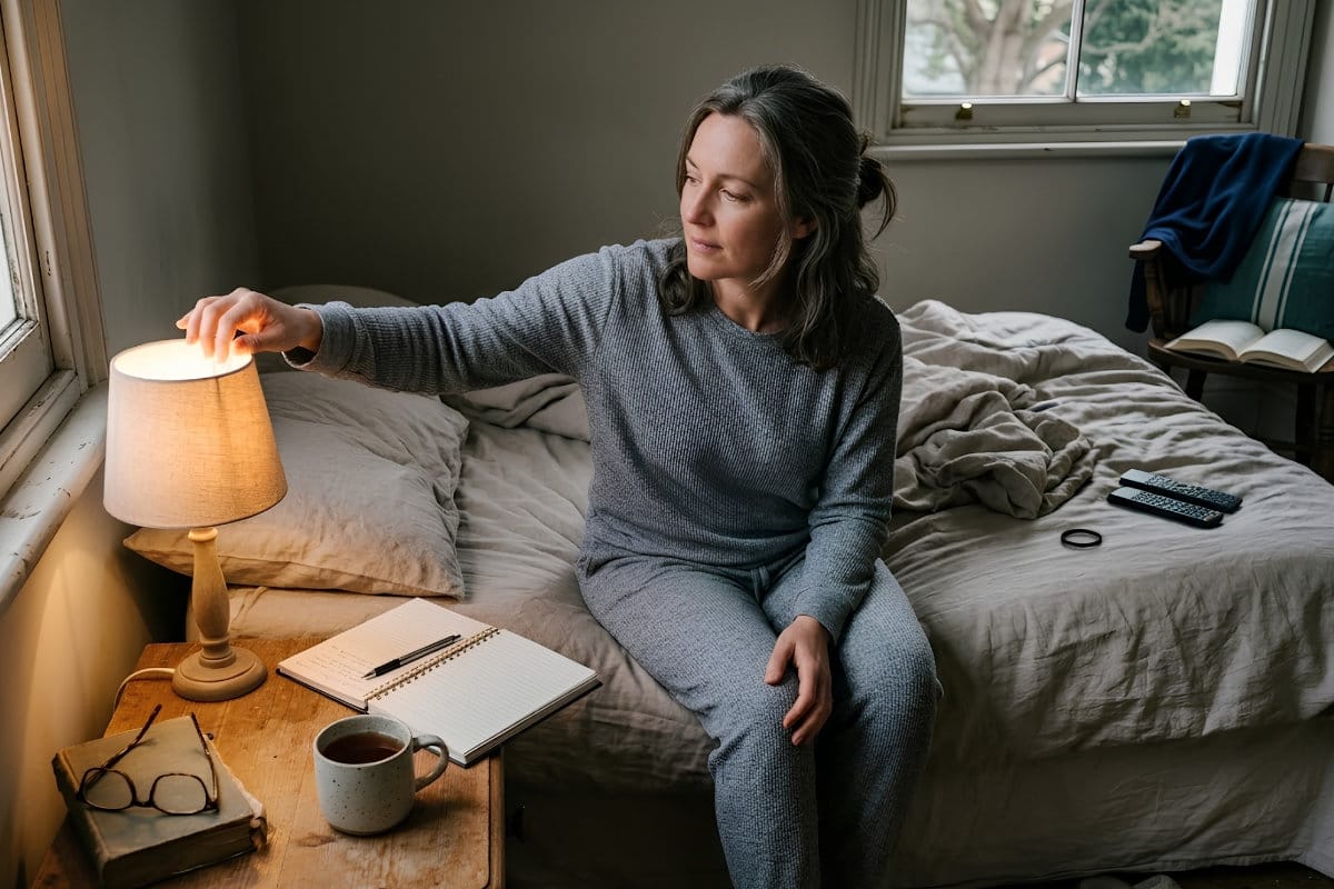 evening bedroom routine with soft lamp light for keto sleep and stress recovery planning