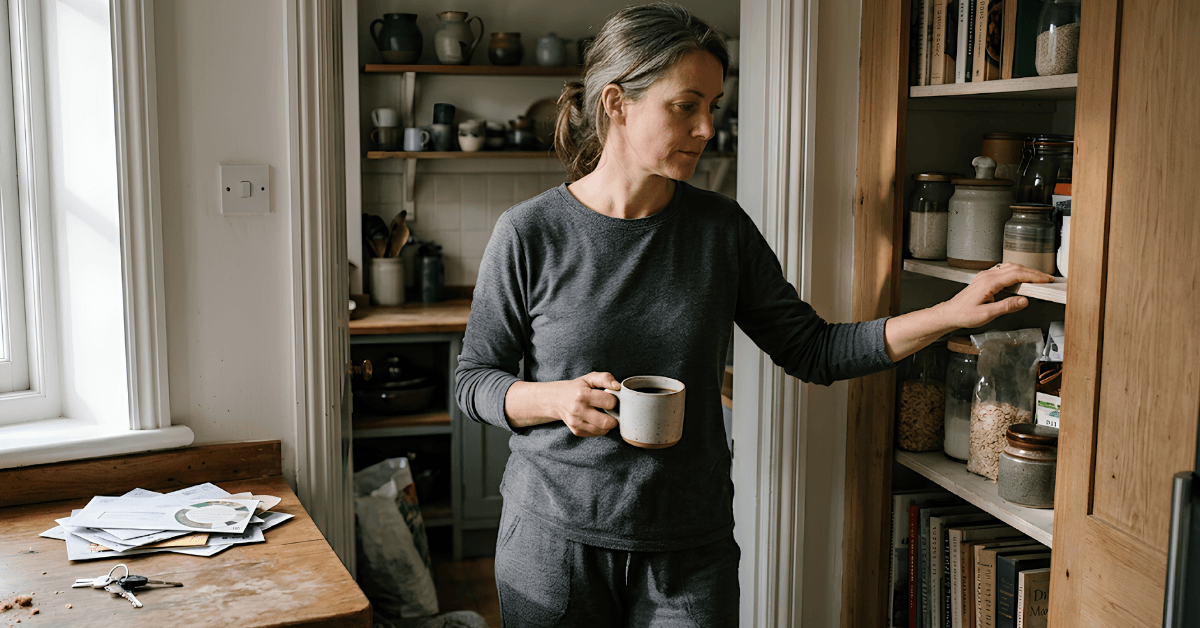 A calm morning kitchen scene with organized pantry shelves and a simple notebook, representing intentional preparation for low-carb consistency without perfection.