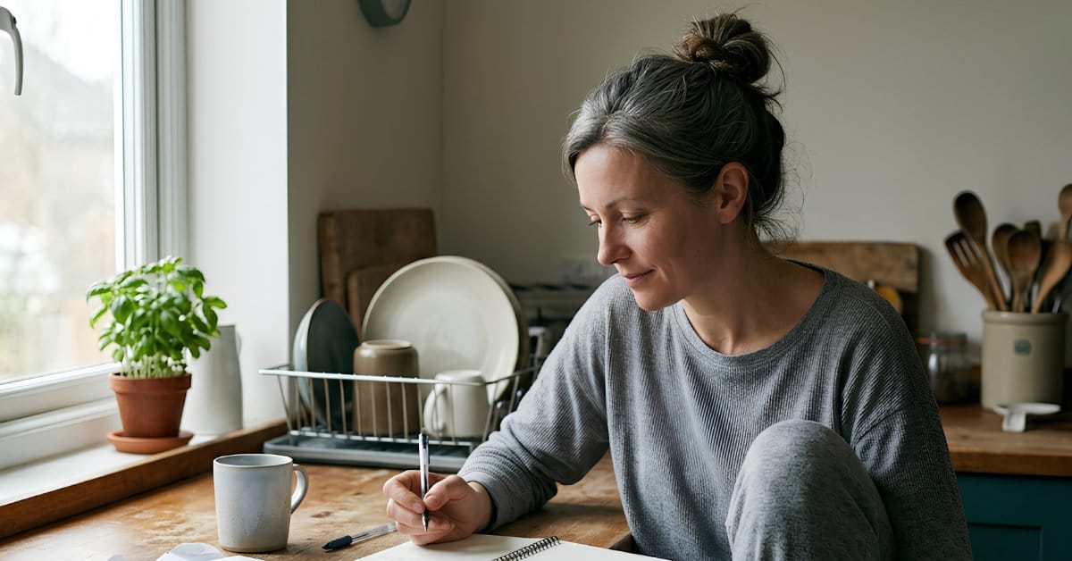 A lived-in kitchen counter with an open notebook and simple meal planning notes, soft natural light, representing intentional preparation and accessible support.