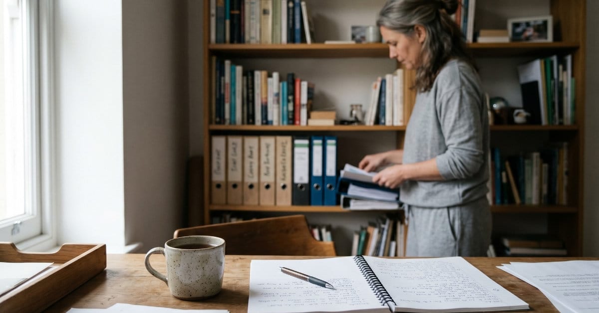 Home office corner with open notebook and soft morning light, representing organized access to the full ClearKeto library