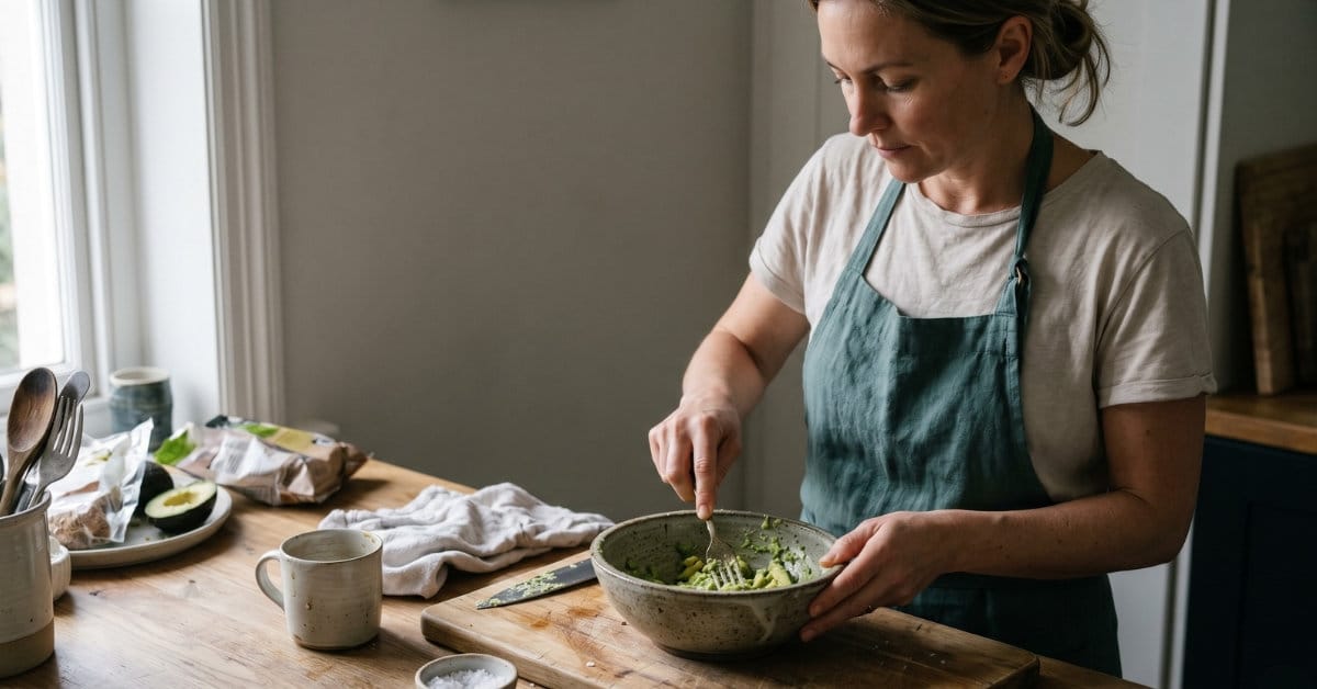 Lived-in kitchen counter with fresh ingredients including avocado and a ceramic bowl, soft natural light, representing practical meal preparation without perfection.