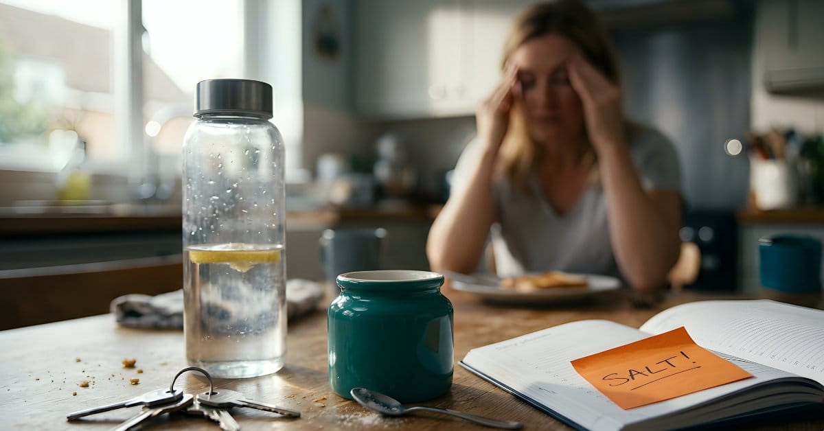 Woman in her kitchen preparing a simple salt water solution during keto adaptation, representing the practical fix for electrolyte fatigue and brain fog.