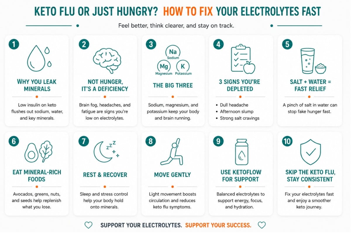 Infographic showing sodium, potassium, and magnesium levels and how to fix keto flu fast with electrolyte balance.