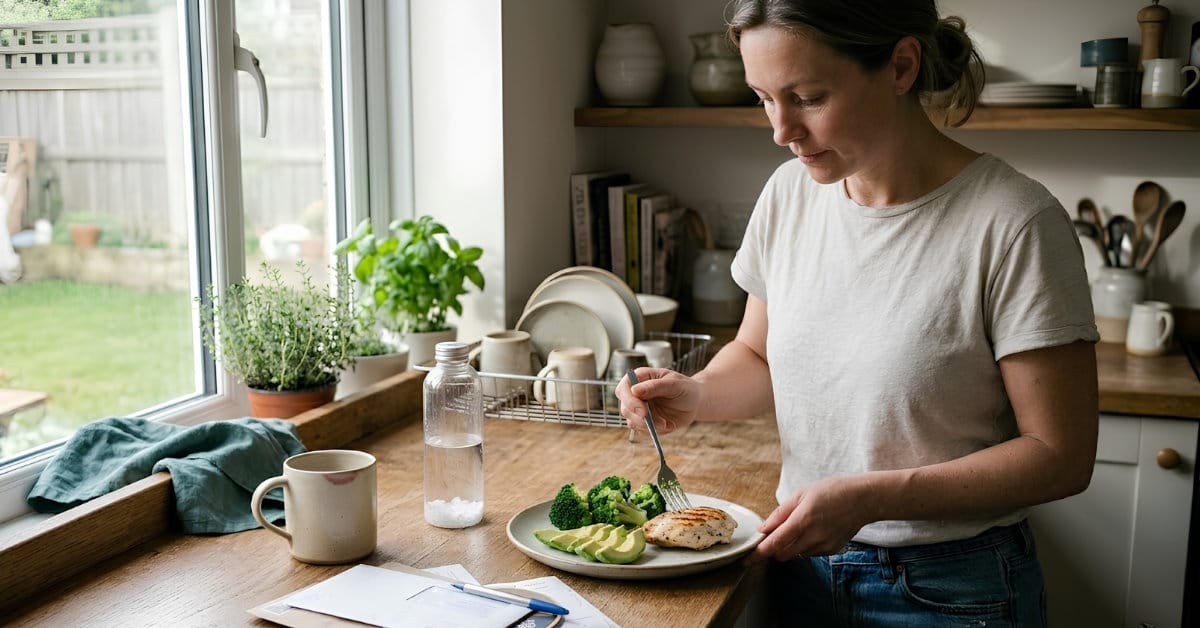 Simple keto meal with grilled chicken, broccoli, and avocado on a ceramic plate — real-life satiety in action