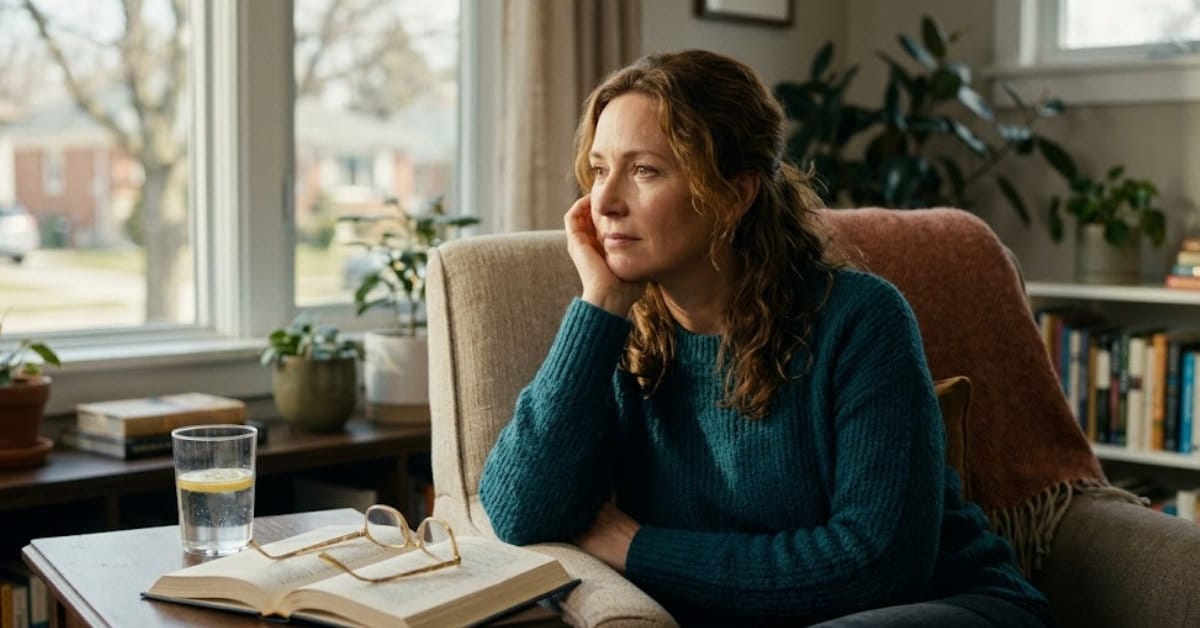 Woman looking thoughtfully out a window with warm, natural sunlight during perimenopause fatigue