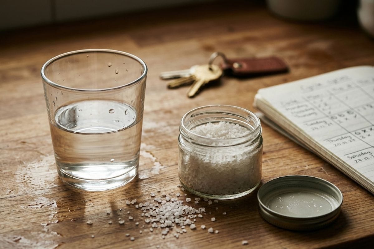 Woman preparing a simple mineral-rich drink with sea salt during perimenopause fatigue management