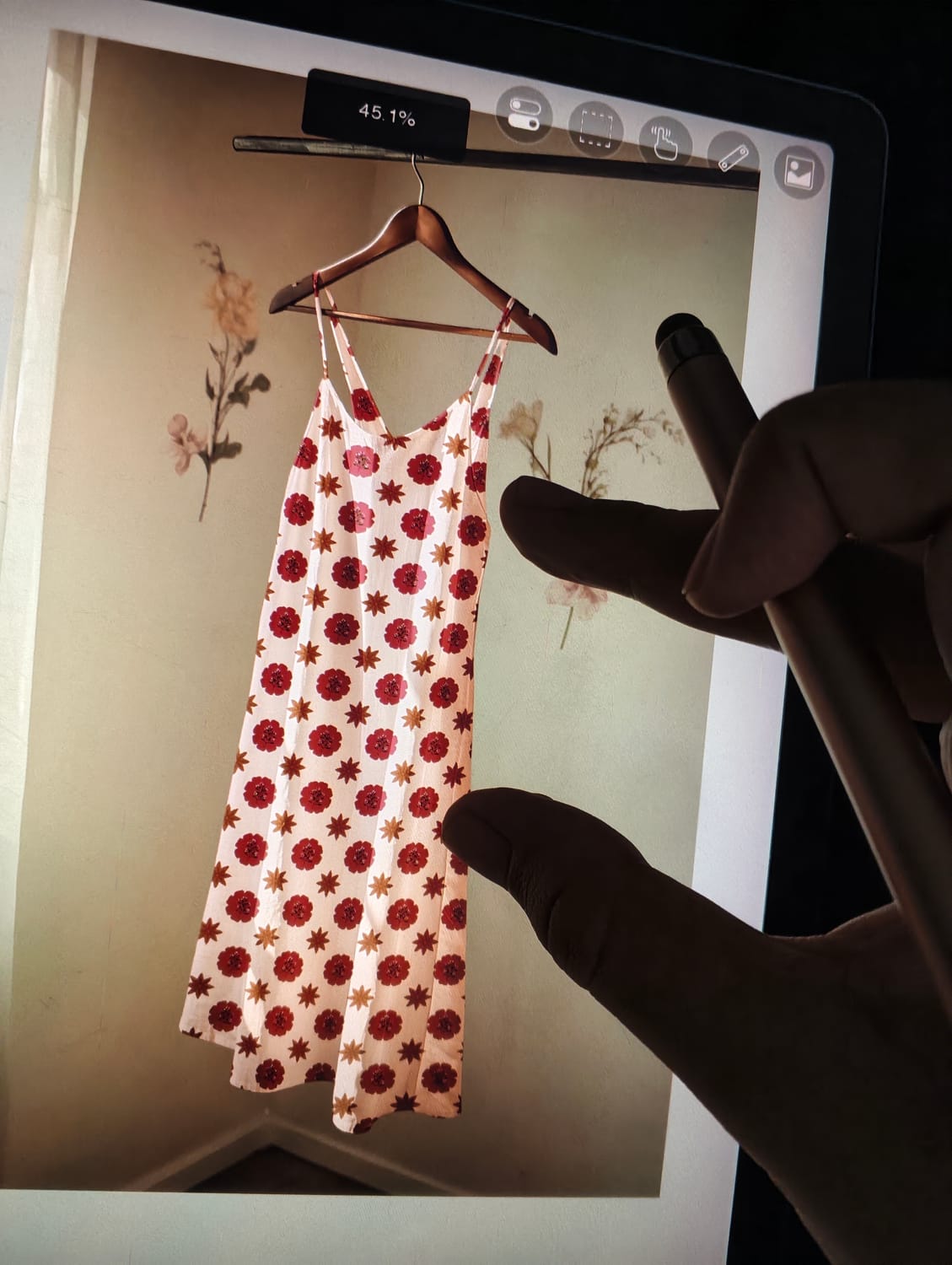 Annelya is viewing her Spices of The Spice Islands subcollection in her Home Through My Little Eyes surface pattern collection on a dress mockup