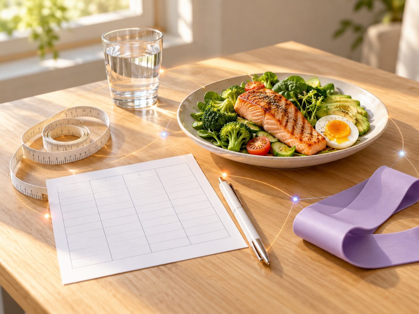 Mesa con cinta métrica, hoja de seguimiento, plato con salmón, huevo y verduras y una banda elástica