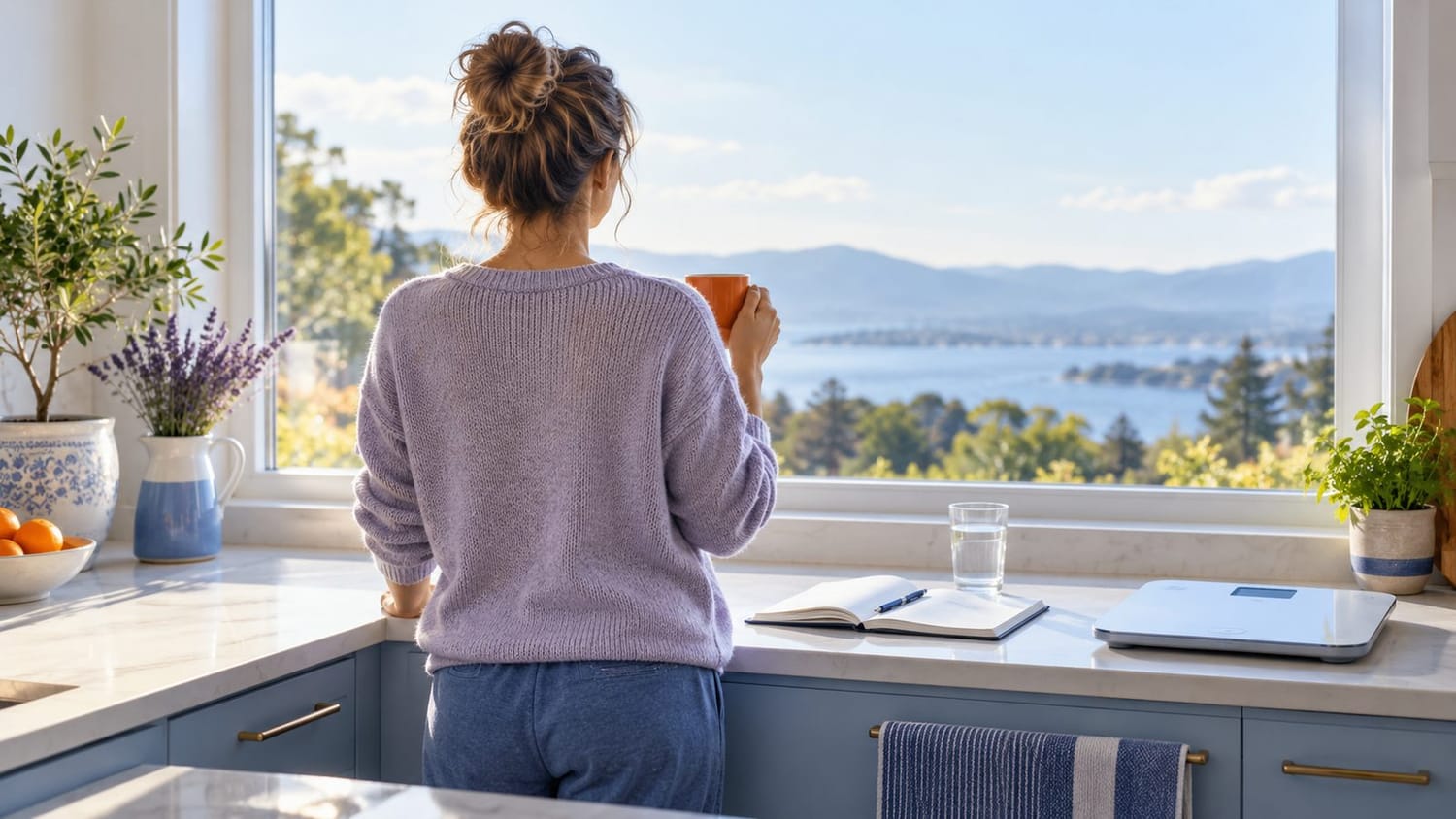 Mujer de espaldas mirando por la ventana de la cocina con una taza