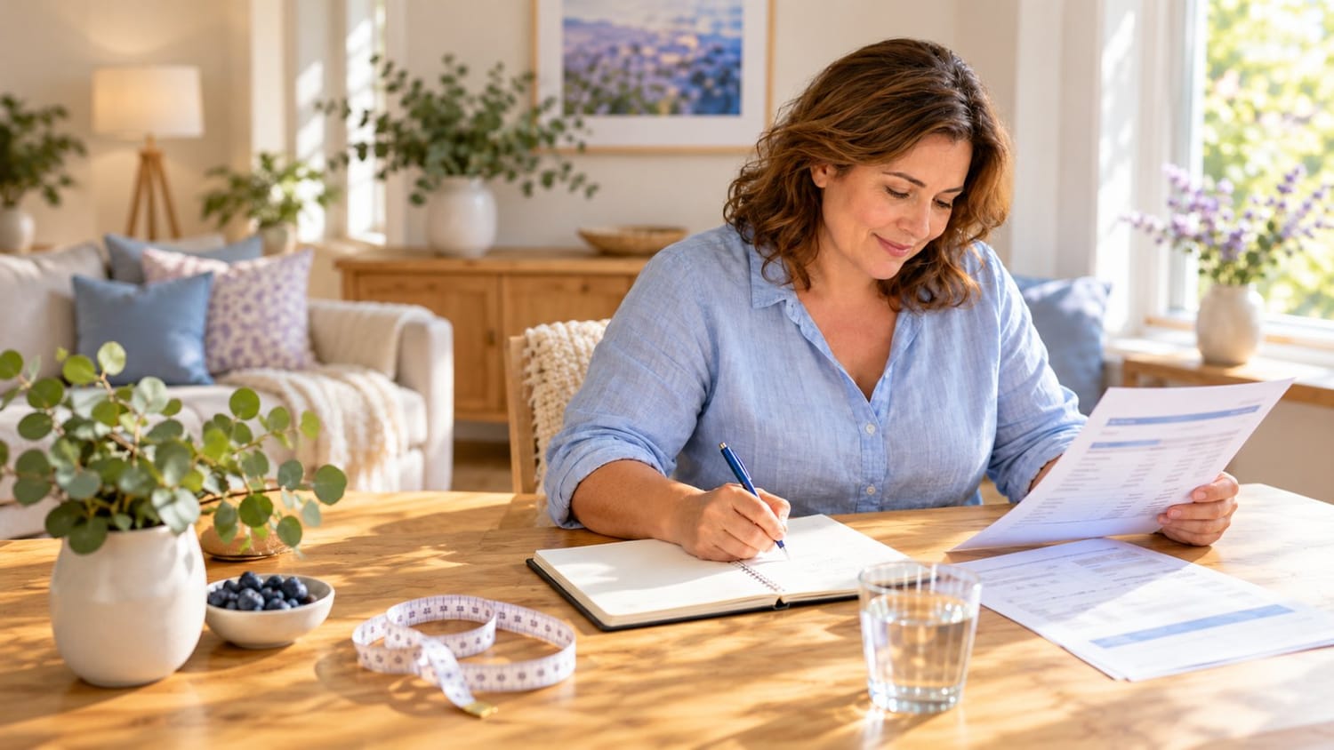 Mujer revisando su analítica y anotando en un cuaderno antes de empezar a perder peso