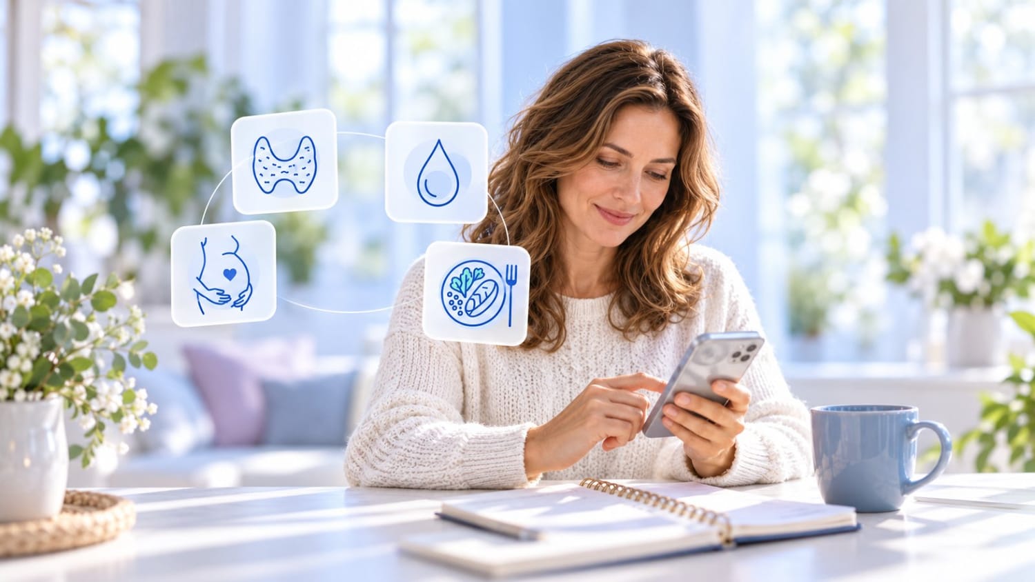 Mujer consultando en el móvil contenidos sobre tiroides, diabetes, embarazo y alimentación