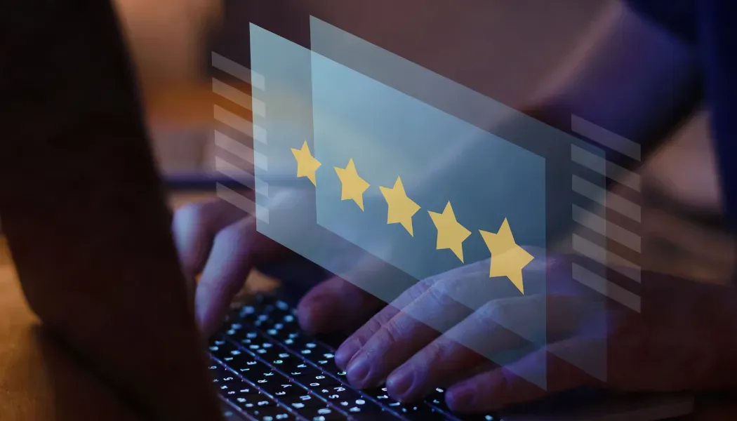 Five-star review management interface showing client testimonials