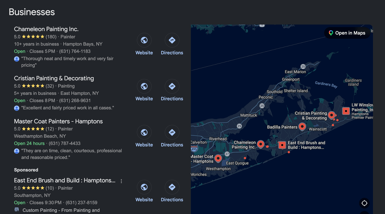 Google local search screenshot showing Chameleon Painting Inc appearing as a top organic painting company in the Hamptons with 180 reviews and a 5 star rating