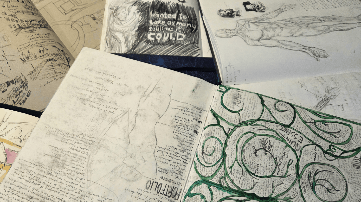 A set of sketchbooks laid out on the ground, including sketches like a woman holding up a lantern, with the comic book style words "...wanted to take as many souls as it could", a few sketches of Venice, a woman holding a bow, vines, some anatomy sketches of musculature on a human body, and a woman holding a drawn bow