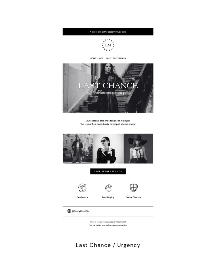 last chance fashion promotion email marketing template urgency campaign design for online clothing stores