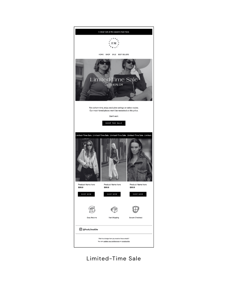limited time fashion sale email template for boutique ecommerce brands promotional campaign newsletter design