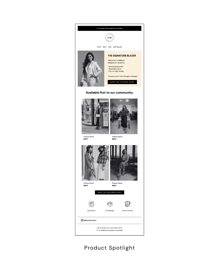 fashion product spotlight email marketing template for apparel brands clean ecommerce campaign layout