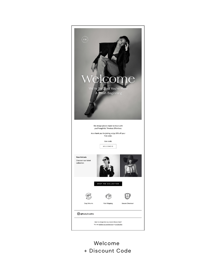 fashion boutique welcome email template with discount code luxury ecommerce newsletter design for clothing brands