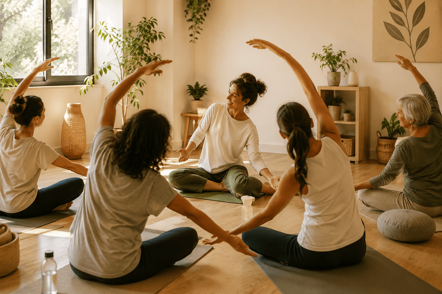 Pessoa em tapete de Pilates, ambiente calmo, luz natural, tons quentes, comunidade, sem texto.