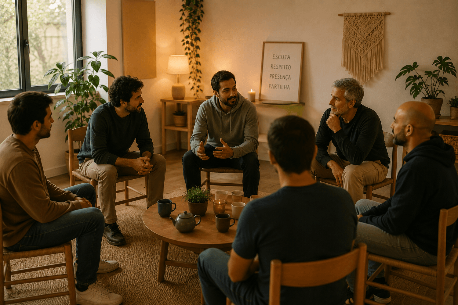 Mesa simples com chá, cadeiras em círculo, ambiente íntimo, comunitário e seguro.