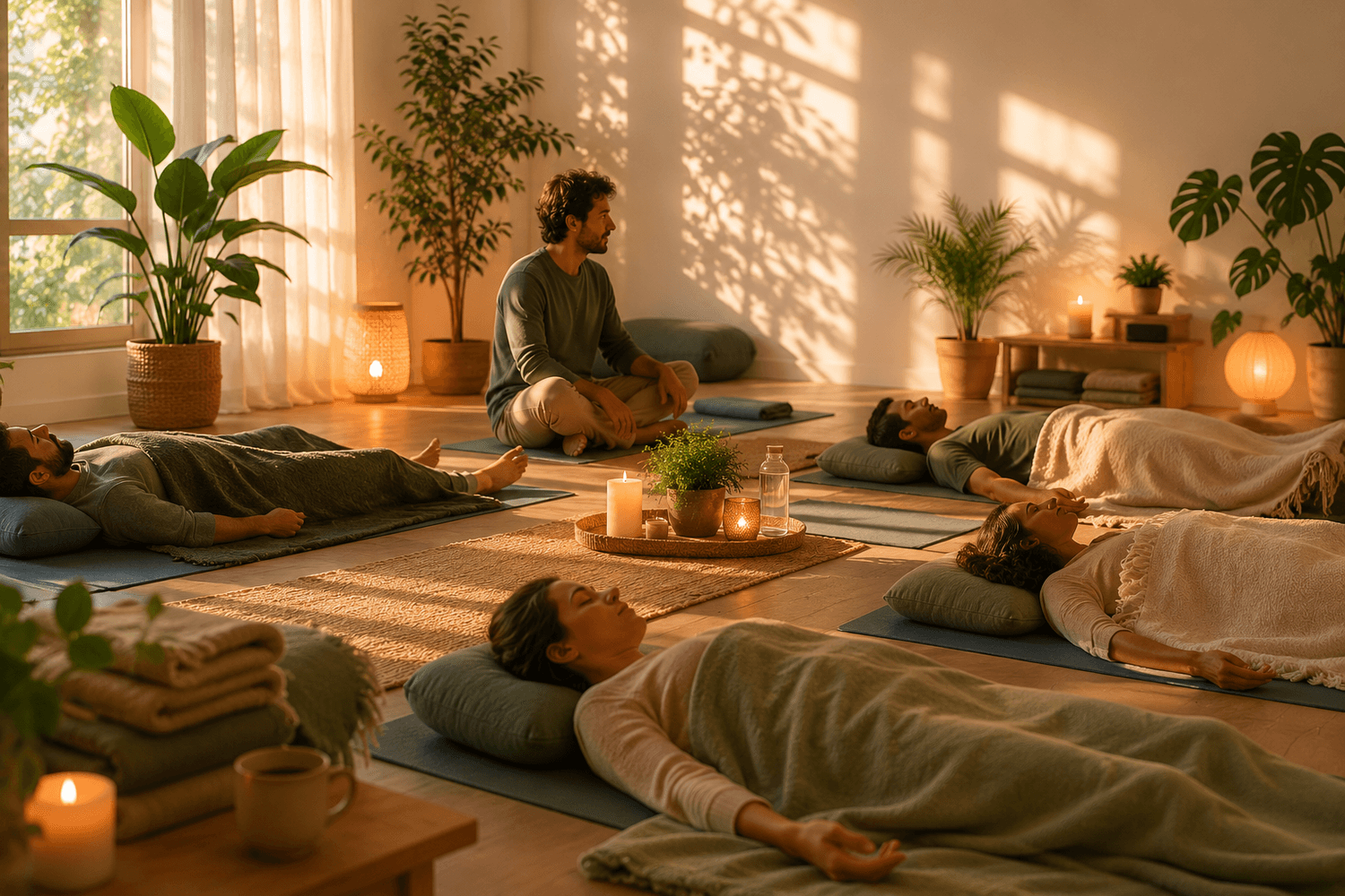 Sala acolhedora com tapetes, mantas e luz natural, sensação de cuidado e silêncio.