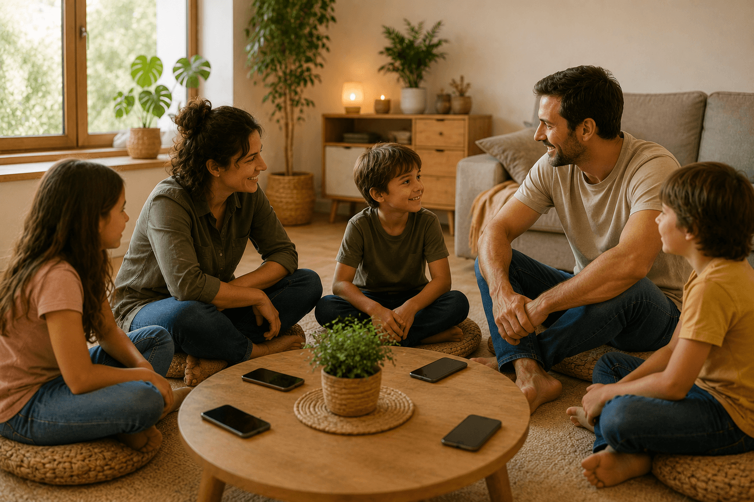 Família em casa com telemóveis pousados, pais e filhos em conversa tranquila, luz natural, sem texto.