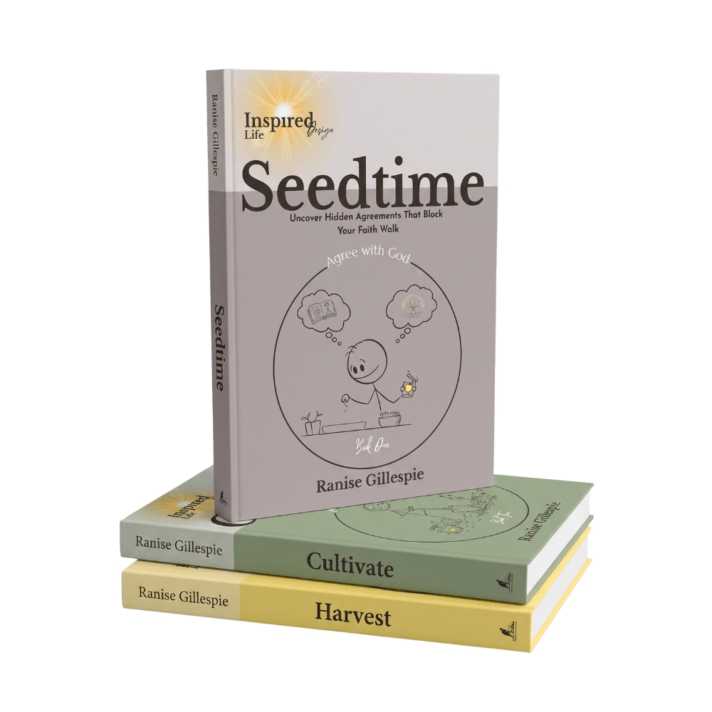 The three Inspired Life Design books — Seedtime, Cultivate and Harvest — stacked