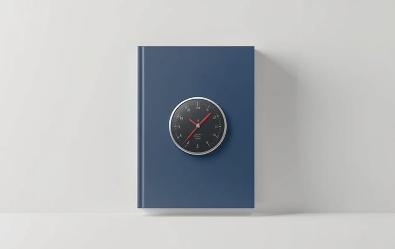 clean 3D hardcover book mockup, navy cover, thermostat dial illustration, neutral studio background