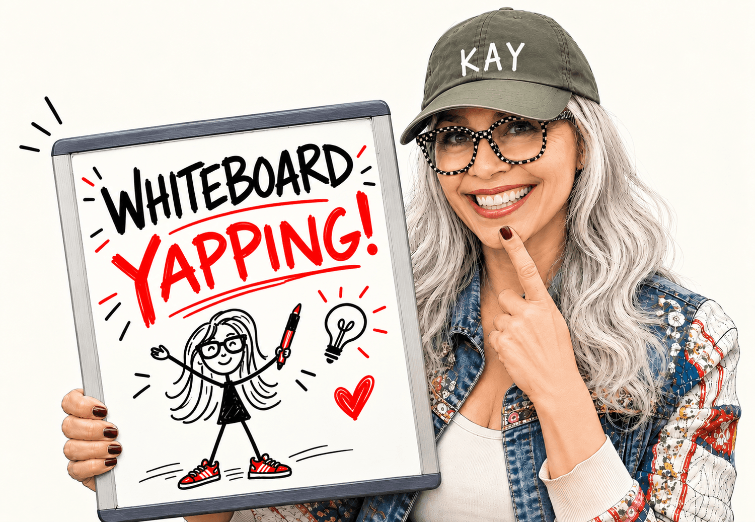 Kay holding her Whiteboard Yapping board with a scribbled character