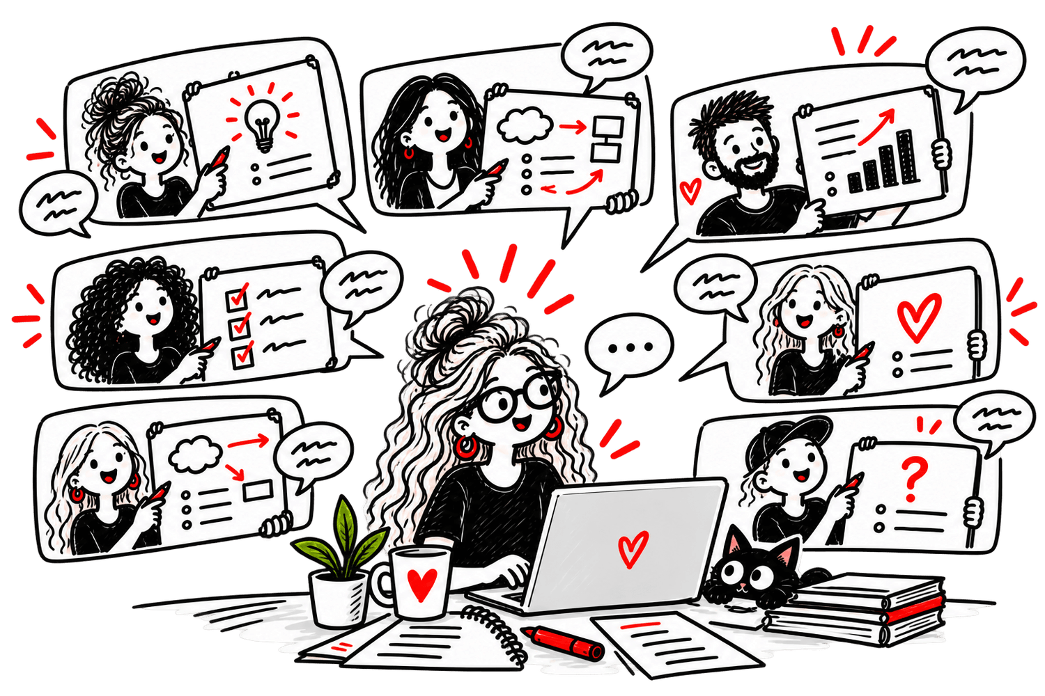 Illustration of Kay and community members sharing whiteboard ideas and feedback