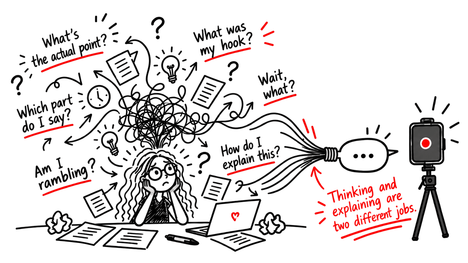 Thinking and explaining are two different jobs: a drawing of thought chaos becoming a recording bottleneck