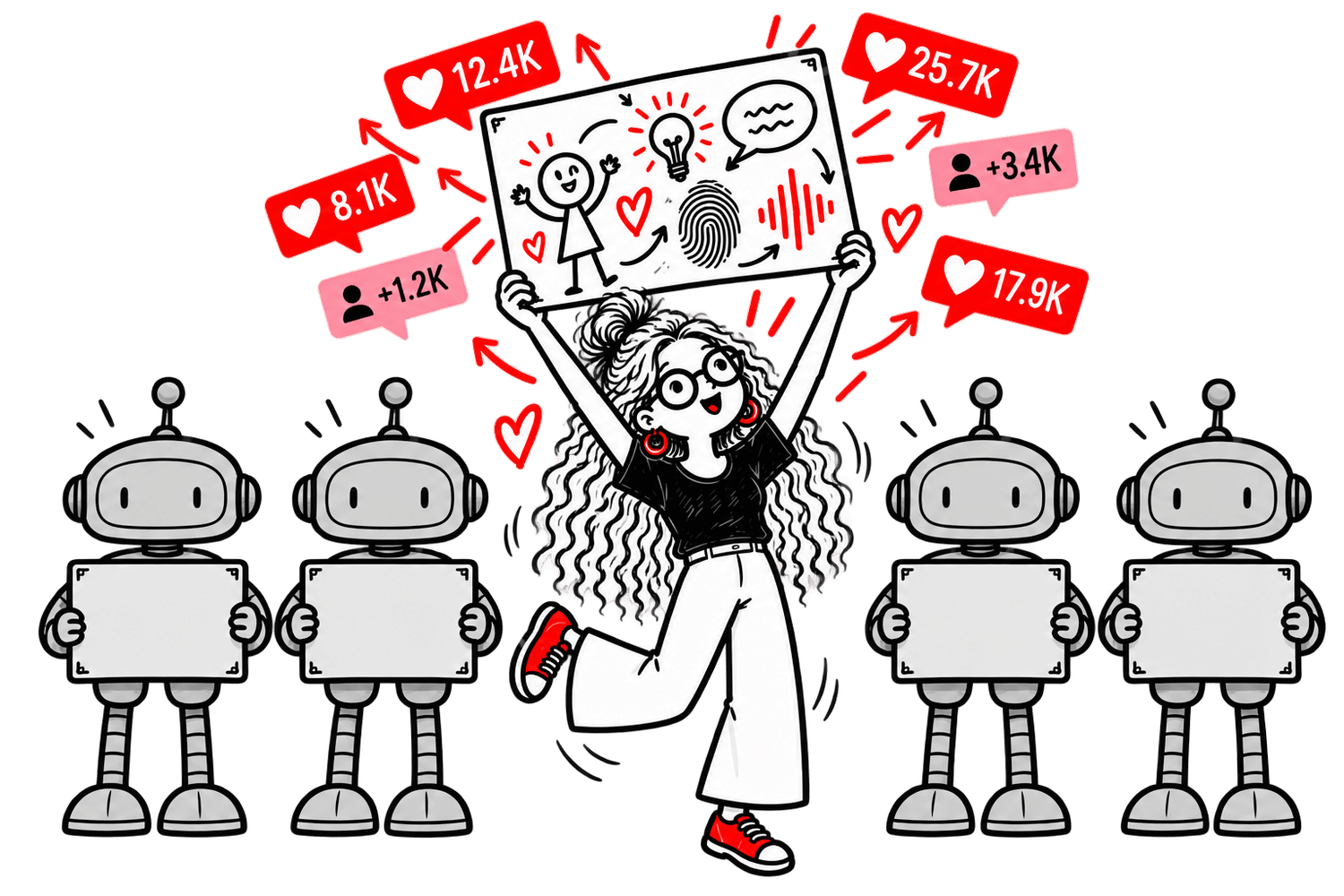 A whiteboard creator with her own ideas and voice standing out among identical AI robots