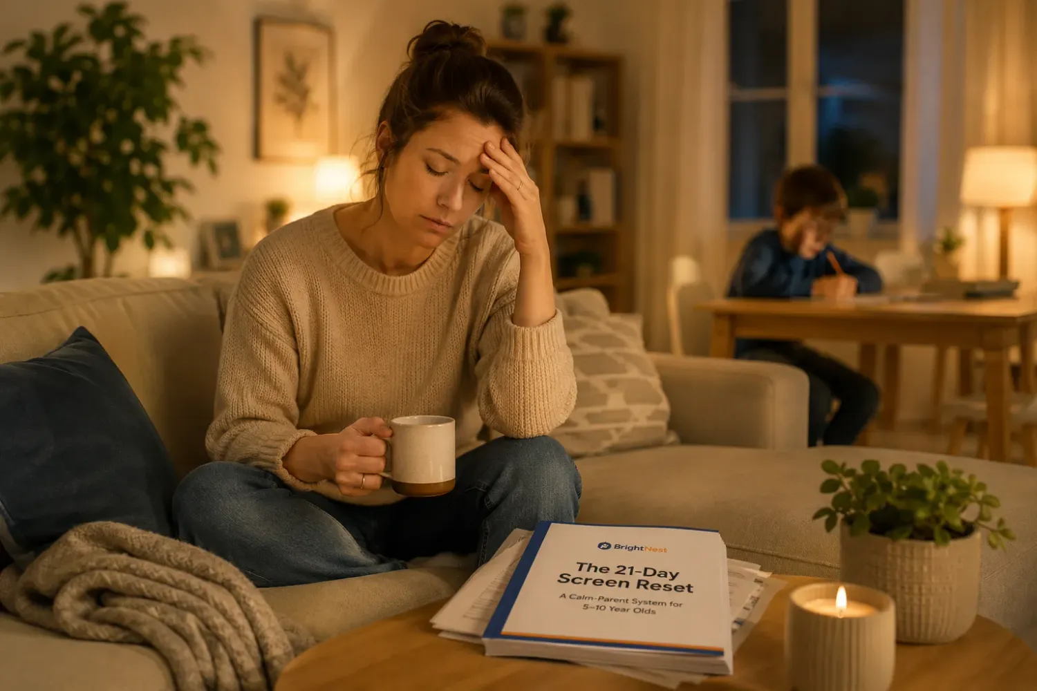 Tired parent in a quiet evening moment at home