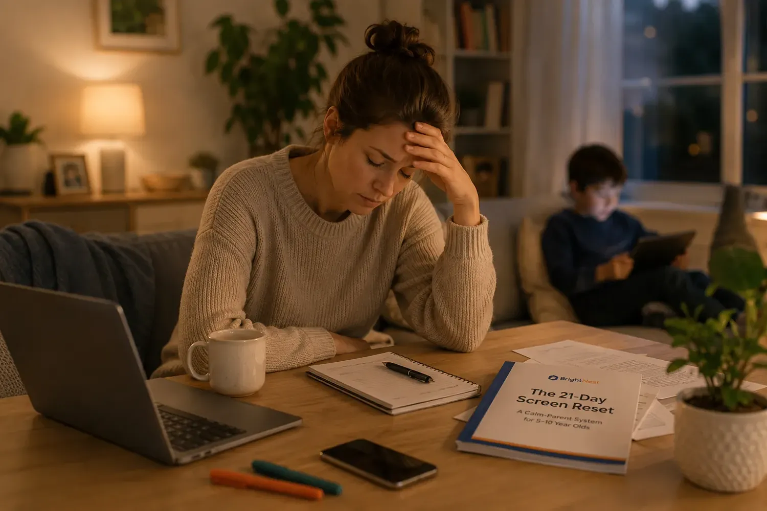 Exhausted parent recognizing their own daily screen-time struggle