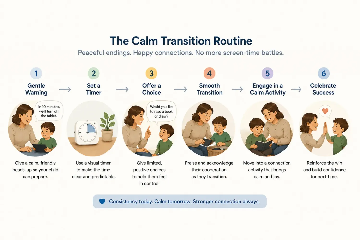 Diagram illustrating a calm transition routine replacing a screen-time conflict