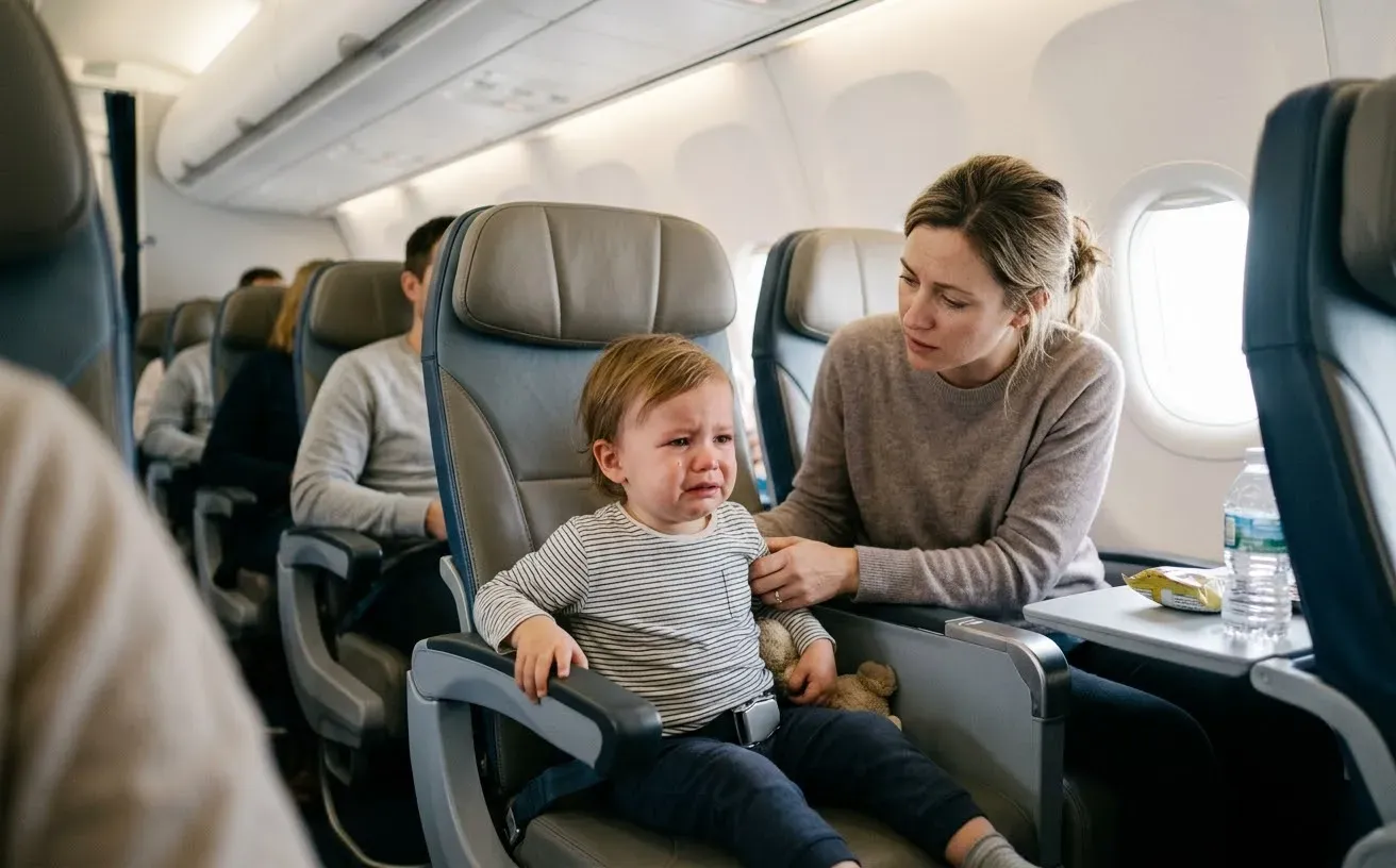 Parent travelling by airplane with toddler