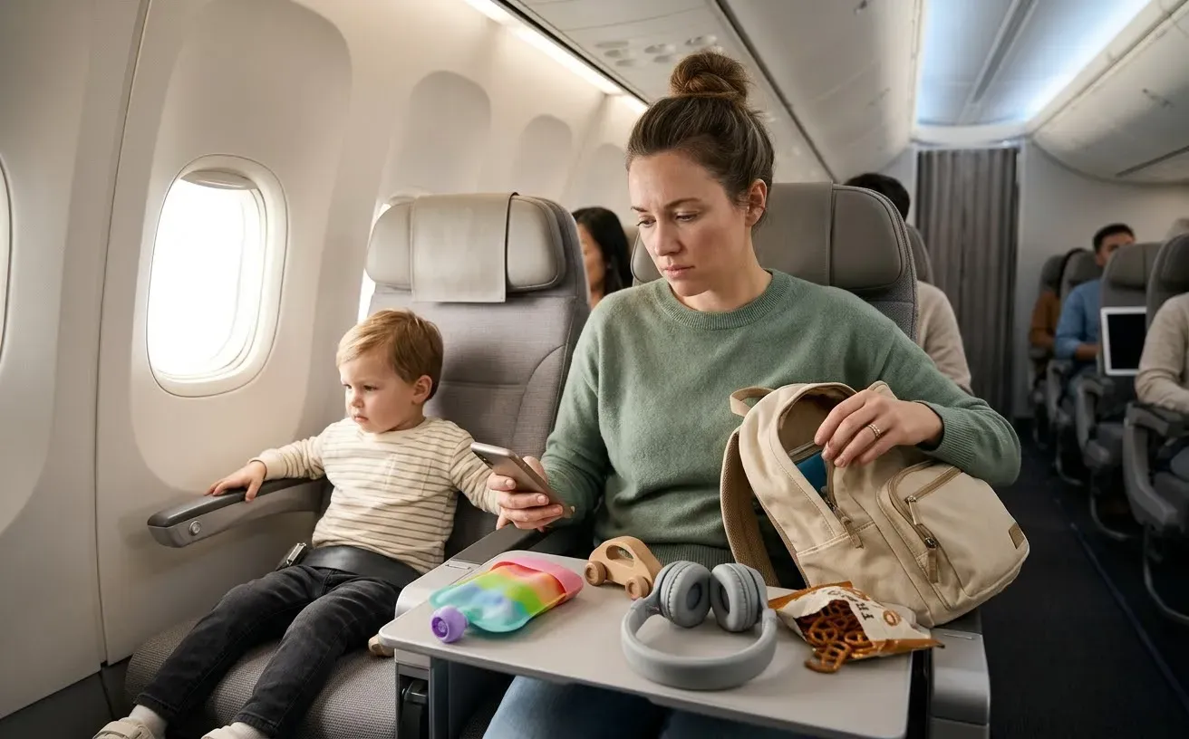 Parent managing a toddler during an airplane journey