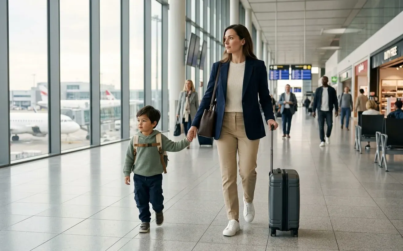 Family walking through airport with toddler
