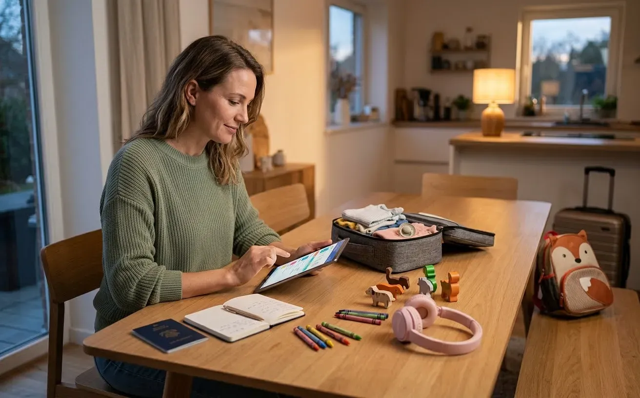 Digital family travel planning resources on a tablet